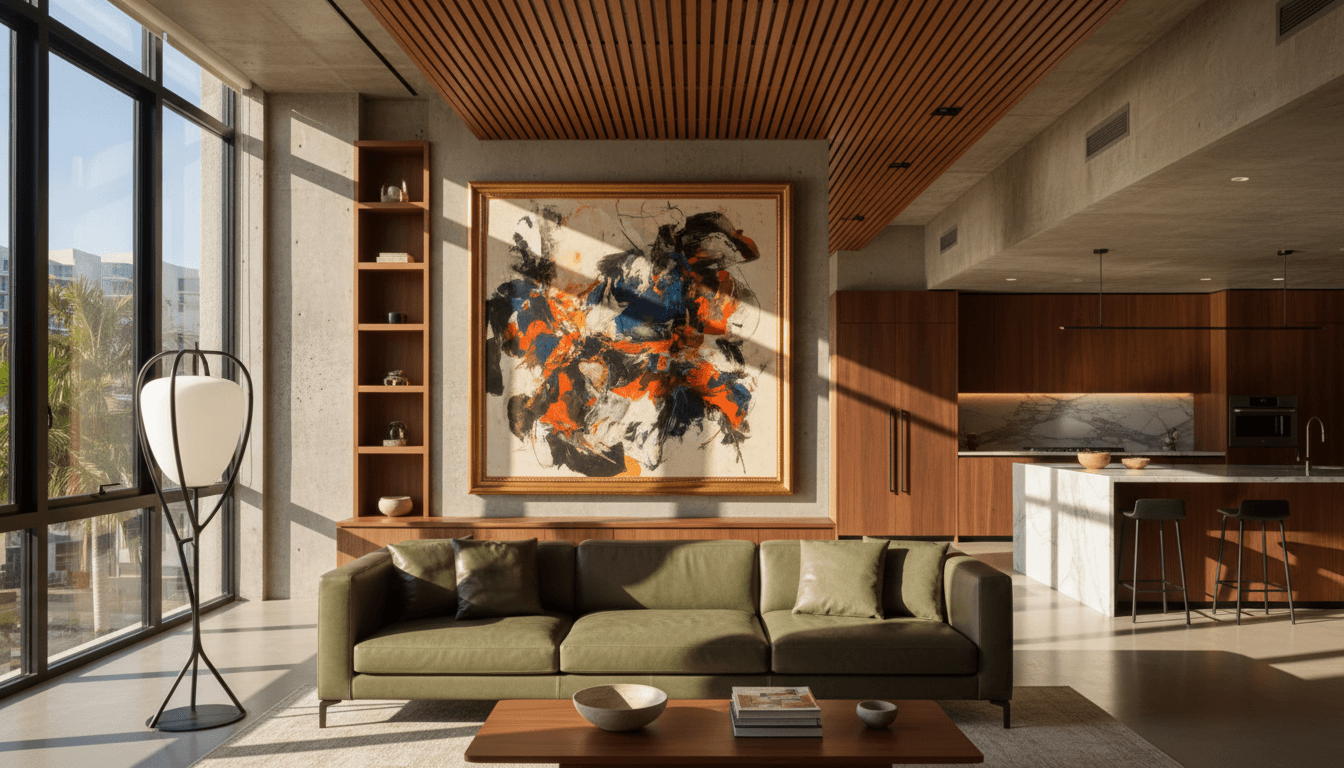 Art collector's loft in design district with modern furniture and contemporary art