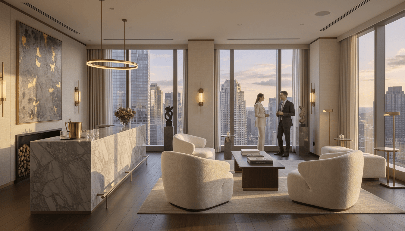 Private lounge with ivory sofa and dramatic abstract painting