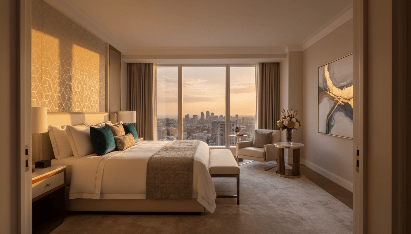 Primary suite with linen bedding and panoramic city views