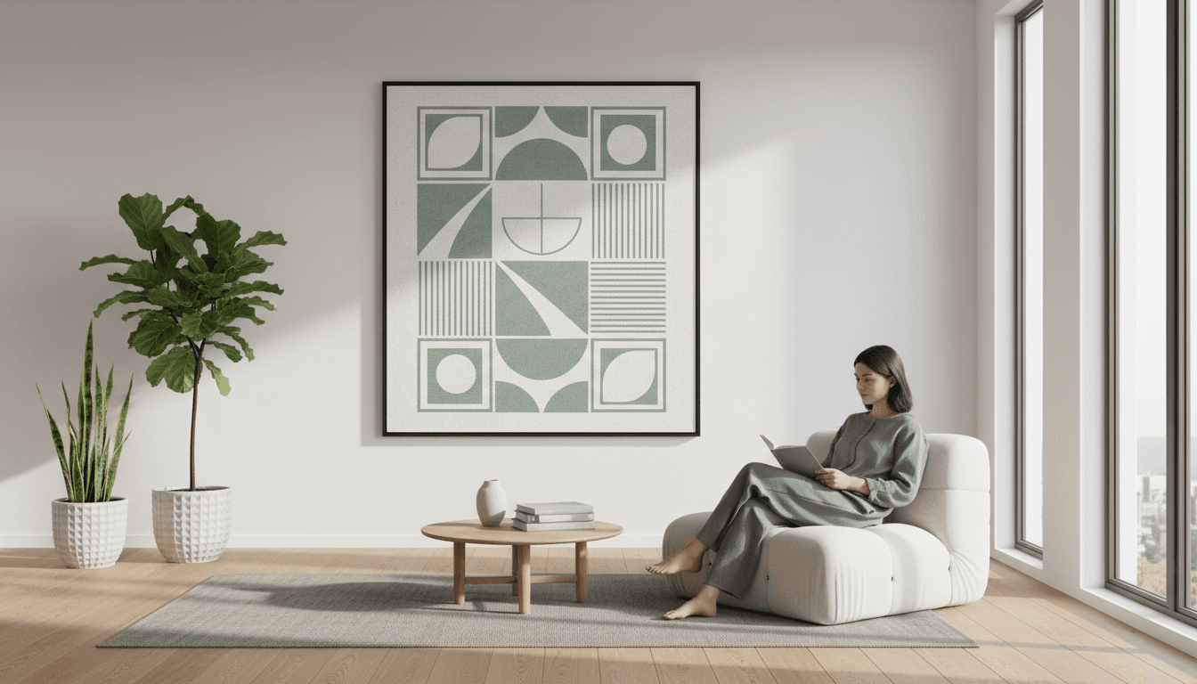 Wall with a grid of three small contemporary paintings above a linen sofa
