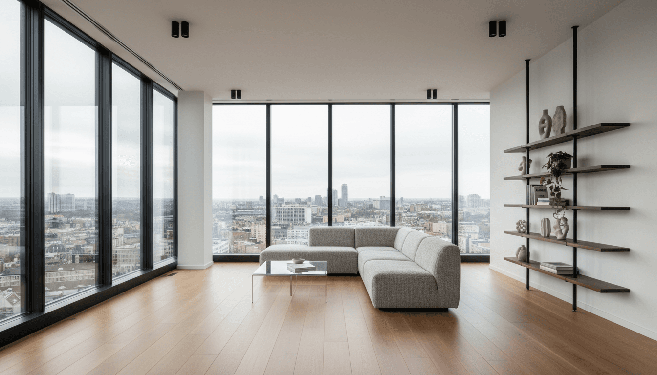 Quiet Edgewater penthouse interior with sculptural furniture and framed artwork