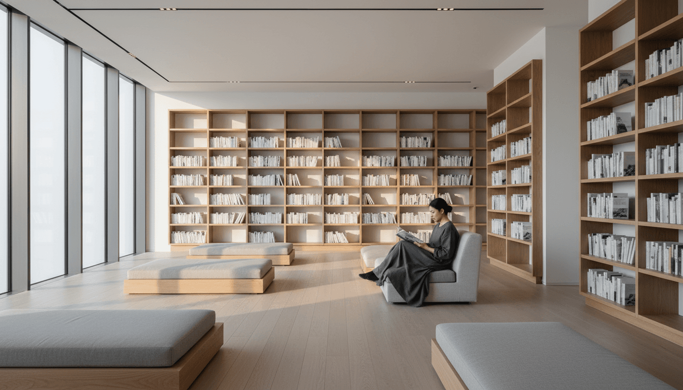 Reading corner with sculptural armchair and minimalist artwork