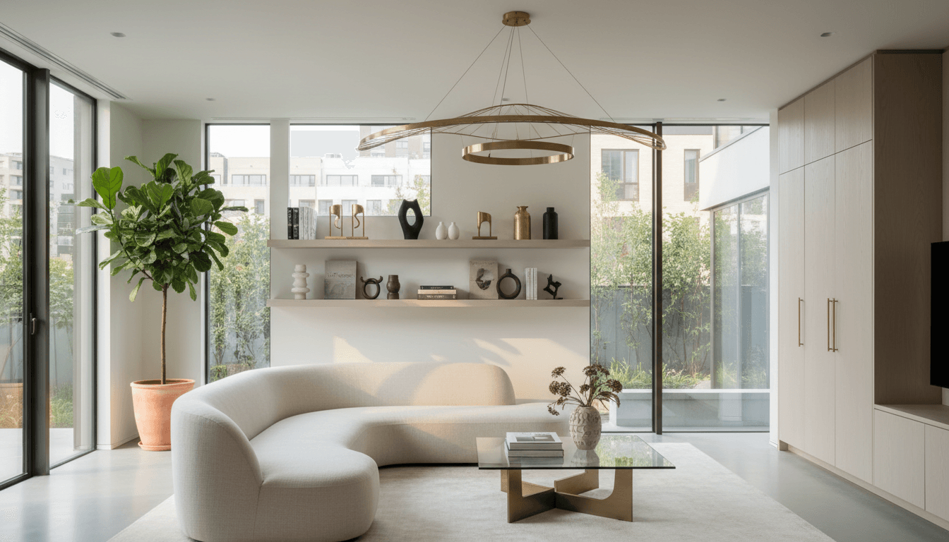 Dining room with a blackened steel sculpture silhouetted against the Miami skyline