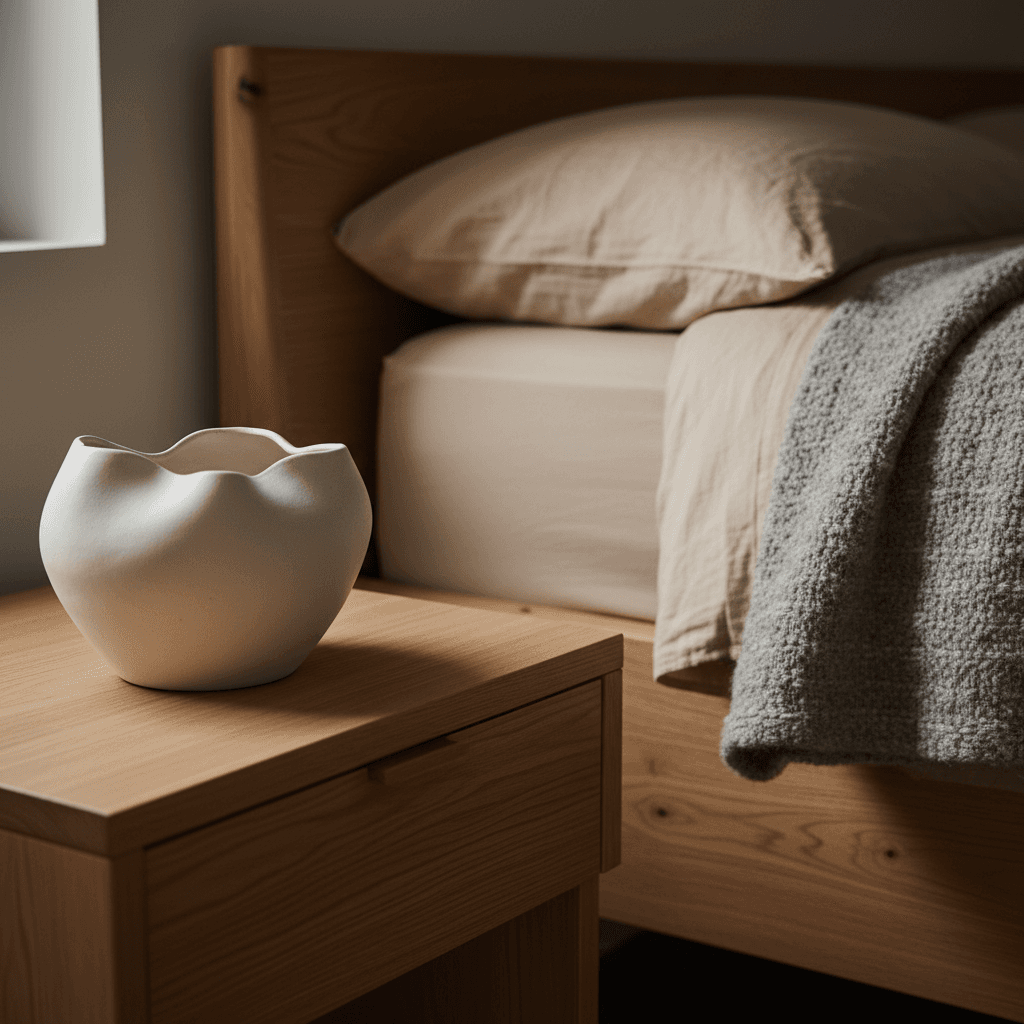 Close-up of layered textures showing a linen sofa, wool throw, travertine side table, and ceramic vases in muted tones.