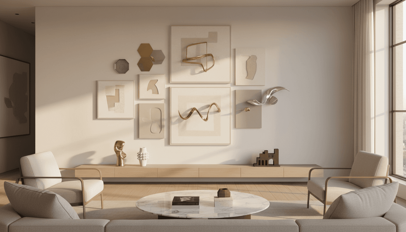 A styled console table with a few art books, a small bronze sculpture, and a framed photograph in soft morning light.