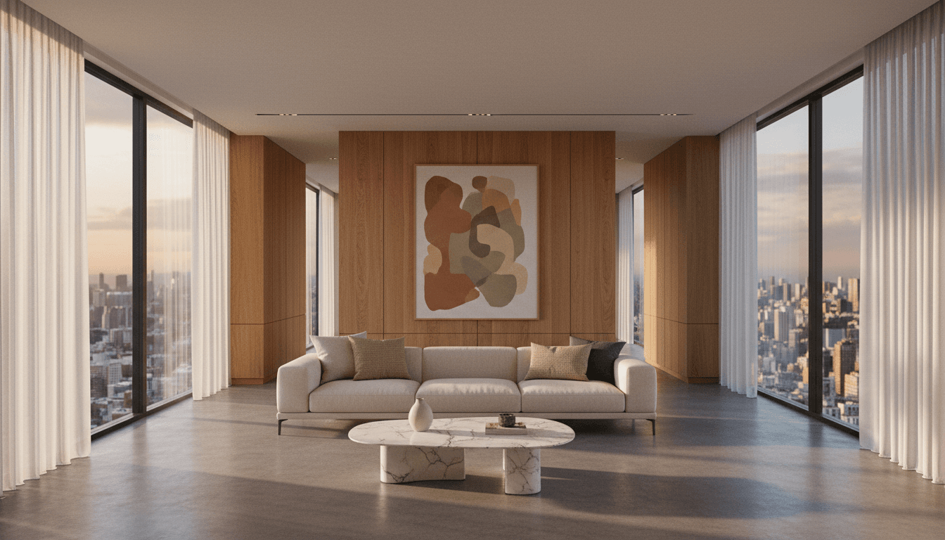 Luxury minimalist living room with contemporary furnishings, floor-to-ceiling windows overlooking city skyline at golden hour