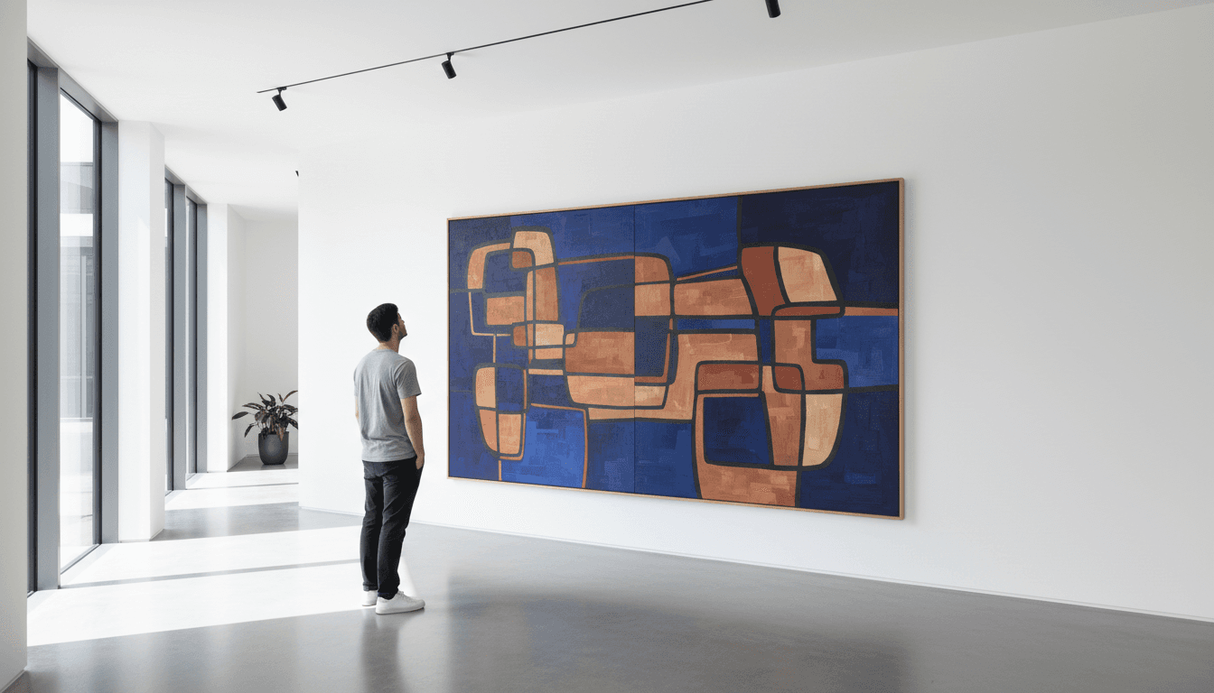 Large abstract painting above a console table in a gallery-like setting