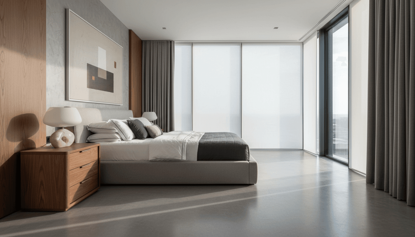 A complete luxury high-rise bedroom with tailored linens, sculptural lamps, a large abstract artwork, and city skyline views.